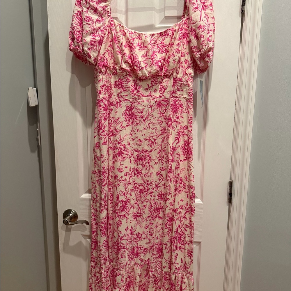 London Times Pink Floral on Cream Maxi Dress with Puff Sleeves